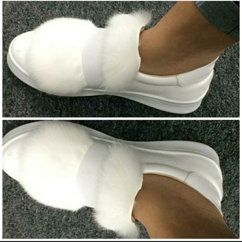 New Women's Faux White Fur Slip On Sneakers